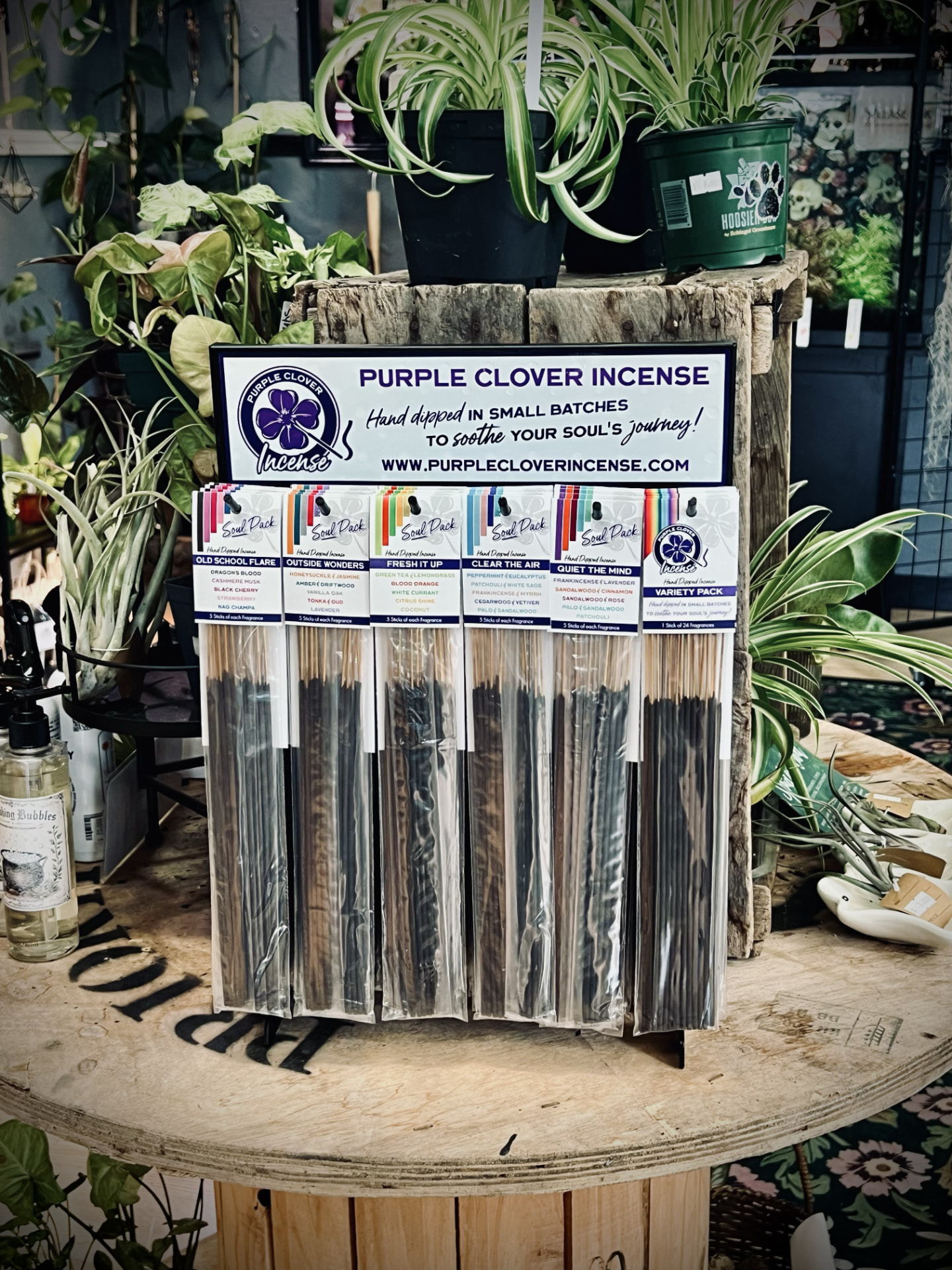 Purple Clover Incense display stand at Wild Moon Child in Anderson, Indiana