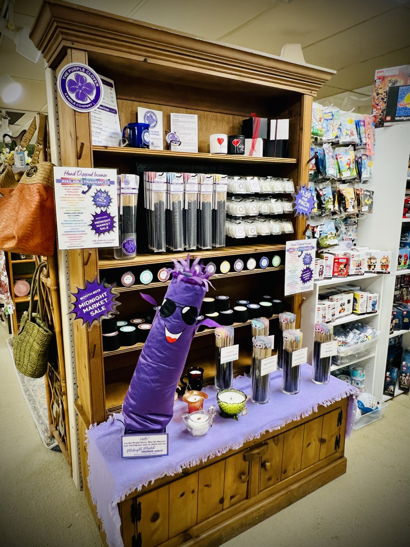 Purple Clover Incense booth with the mini air dancer at Junque in the Trunk in New Castle, Indiana